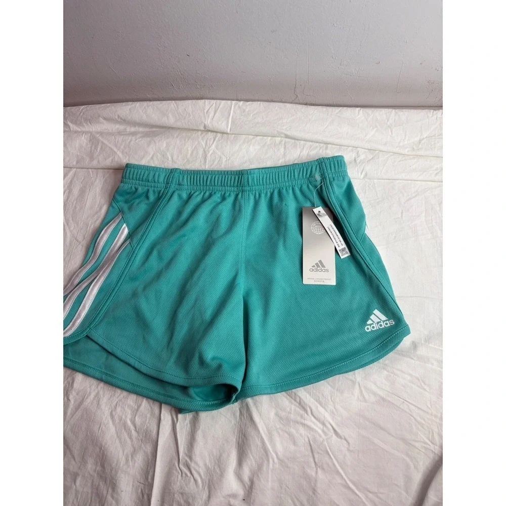 Adidas Kids Teal Athletic Shorts with Silver Stripes Size L 14 NWT